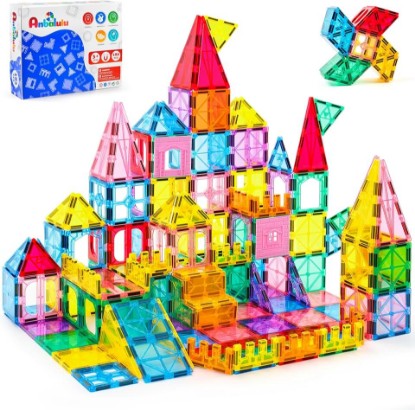 Picture of Anbalulu 182PCS Magnetic Tiles, Large Castle Building Blocks for Kids | Supersized STEM Construction Set, Strong Magnets, Toddler Safe, Clear Rainbow Colors for Giant Creative Builds