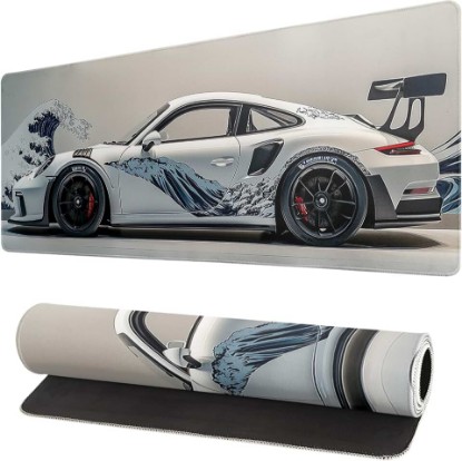 Picture of White Ukiyo-e Style Sports Car Large Gaming Mouse Pad Desktop Mat 31.5x11.8 Inch - Non-Slip Rubber Base - for Gamers - Perfect for Gamers & PC Enthusiasts