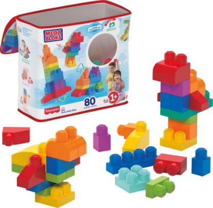 Picture of MEGA BLOKS First Builders Toddler Blocks Toys Set, Big Building Bag with 80 Pieces and Storage, Blue, Ages 1+ Years | 80 Colorful Pieces, Creative Open-Ended Play, Storage, Blue, Preschool Kids Ages 1+ Years, Easy to Build