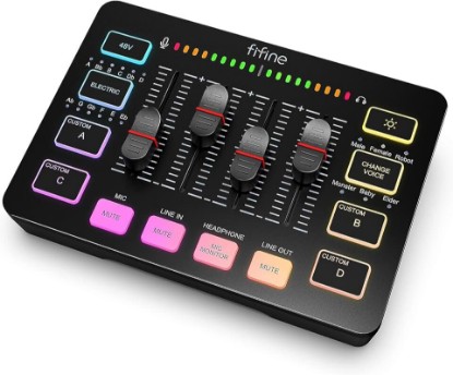 Picture of FIFINE Gaming Audio Mixer, Streaming RGB PC Mixer with XLR Microphone Interface, Individual Control, Volume Fader, Mute Button, 48V Phantom Power, for Podcast/Recording/Vocal/Game Voice-AmpliGame SC3 | USB PnP For PC,Mute Button,XLR Preamp,RGB,Voice change,48V Phantom Power,Monitoring,Podcast,Recording,Vocal,Streaming Global Recycled Standard