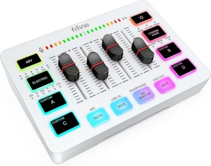 Picture of FIFINE Audio Mixer, Gaming Streaming PC Mixer with Slider Fader, XLR Microphone Interface, Monitoring, for Video/Game Voice/Podcast Recording-AmpliGame SC3W | USB PnP For PC,Mute Button,XLR Preamp,RGB,Voice change,48V Phantom Power,Monitoring,Podcast,Recording,Vocal,Streaming,White Global Recycled Standard