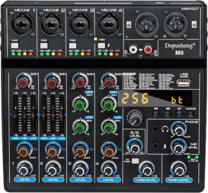 Picture of Depusheng M6 Portable Mini Mixer 6-Channel Audio Mixer DJ Console with Sound Card, Bluetooth Function, USB, 48V Phantom Power for PC Recording Webcast Party with 256 DSP