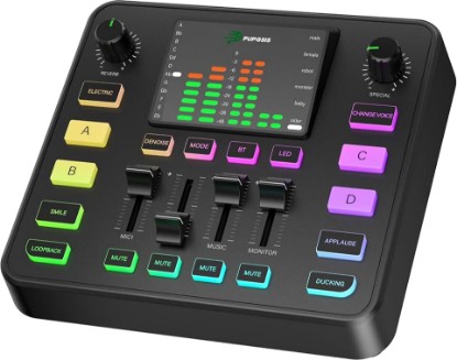 Picture of PUPGSIS Gaming Audio Mixer For Streaming, Sound Board for PC/Phone | 1/4" TRS Dynamic Mic interface,Reverb,Denoise,voice changer,Mute,4 Custom Sounds, 2 interactive sound effects, RGB, Bluetooth