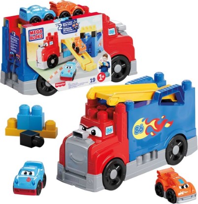 Picture of Mega Bloks First Builders Build & Race Rig Toddler Blocks Toy | 19 Pieces, 2 Race Cars, Built-In Storage, Red, Preschool Kids Ages 1+ Years, Easy to Build