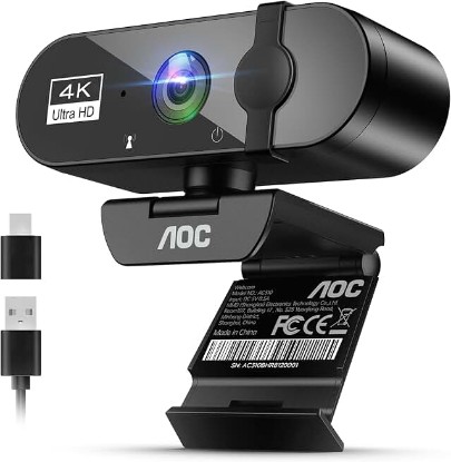 Picture of AOC 4K Webcam for PC, Streaming Computer Camera with Noise-Canceling Mic | 80° FOV, Privacy Cover, Plug & Play, Zoom/Skype/FaceTime Compatible, Works with Mac/Laptop/Switch 2, USB C-A Adapter Included