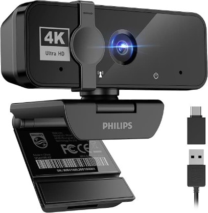 Picture of PHILIPS 4K Webcam for PC with Microphone, Computer Camera for Meetings | Plug & Play USB Web cam with Privacy Cover, for Laptop, Desktop, Zoom, Teams, Skype, Video Conferencing, Streaming, Black