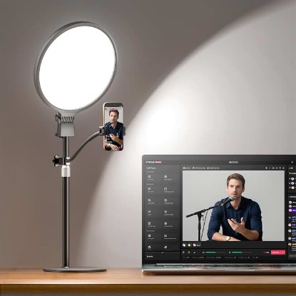 Picture of 1300 Lumens Ring Light with Stand for Desk, Computer & Laptop – Podcast & Streaming Light with Flexible Phone Holder, CRI 98+ Bright Yet Soft Influencer Light for Video Recording, Conference & Calls Recycled Claim Standard Blended