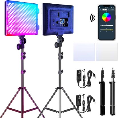 Picture of GVM RGB LED Video Lights Photography Lighting Kit, 50W Bi-Color 3200K-5600K Studio Lights, 2-Packs 672 Led Beads APP Control Film Lights Panels for Videography/Streaming/Gaming/YouTube CRI 97+