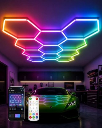 Picture of Hexagon Lights, 11-Hex RGB, App Control, Dynamic Lighting Effects | 11-Hexagonal Garage Lights with DIY Lighting Effects, Timer and Music Mode for Gyms and Gaming Setups with RGB Colors