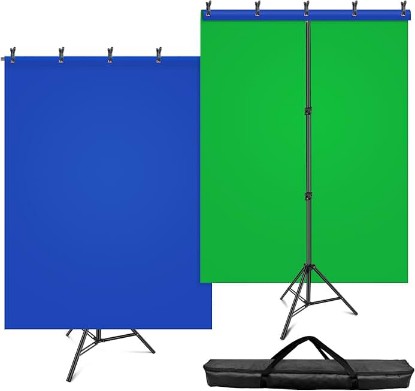 Picture of Hemmotop Blue Green Screen Backdrop Stand Kit 7x5ft with 6.5x5ft Background | Chromakey Reversible Dual-Color Backdrop, for Streaming, Gaming, Zoom, VR, Video Recording, with 5 Clips and Carrying Case