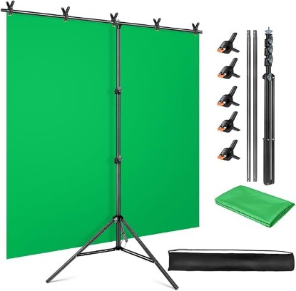 Picture of Green Screen Backdrop Stand Kit, 5x6.5FT Portable Greenscreen | Adjustable, carrying bag & 5 clamps, chromakey backdrop with T shape stand, for streaming, photography, gaming, zoom, video