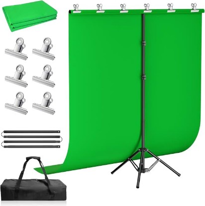 Picture of 5x7 ft Green Screen Backdrop Kit with Foldable T-Shaped Stand | Portable & Compact Greenscreen Kit Includes 6 Clips, Carry Bag for Streaming, Gaming, Meeting, Video Production, Photography