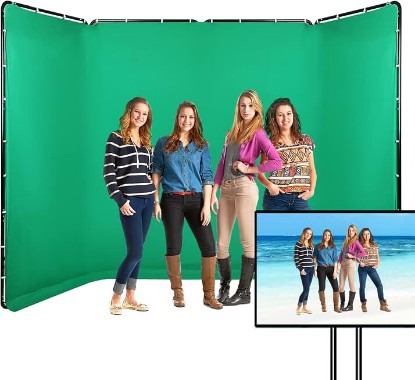 Picture of 7.87ft x 13.12ft Large Chromakey Green Screen Backdrop with Stand | Portable Photography Background Support System for Photo Studio Video Shooting, Live Streaming, Parties, Keying, Stage