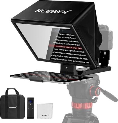Picture of NEEWER Basics X12B Aluminum Alloy Teleprompter 12" for iPad Tablet DSLR Camera, Bluetooth, No Assembly, Remote & App Control, Compatible with iOS Android, Black, for Streaming