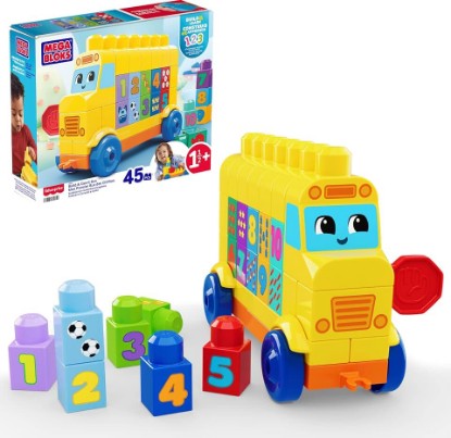 Picture of MEGA BLOKS First Builders Build & Count Bus Toddler Blocks Toy | 45 Pieces, Rolling Wheelbase, Learn Numbers and Counting, Yellow, Preschool Kids Ages 1+ Years, Easy to Build