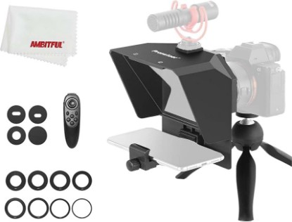 Picture of AMBITFUL 7.5'' Mini Teleprompter W/Desktop Tripod for Smartphone & DSLR | with Remote & APP Control,49-77mm Camera Adapter Rings,Idea for Live Streaming/YouTube/Tiktok/Video Recording