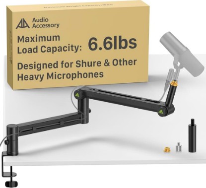 Picture of AA AUDIO ACCESSORY Mic Arm Desk Mount (Design for Heavy Mic) 6.6lbs Load Capacity, Stable Gear Lock Never Sags, Metal Low Profile Microphone Boom Stand for Shure SM7B SM7dB MV7, Blue Yeti, Rode PodMic Global Recycled Standard