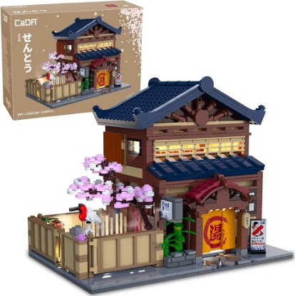 Picture of CaDA C66012W Japanese Hot Spring Hotel Building Block Model, 1249 Pieces of Japanese-Style Architecture, Cherry Blossom Garden with Led Warm Light, Collectible Assembly House (C66012W)