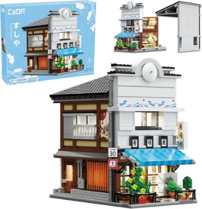 Picture of CADA Bricks Japanese Sushi Shop Building Set with LED Lights, 1,665 Pieces, Detailed Modular Architecture Model Kit, Compatible with Major Brick Brands, Ages 14+