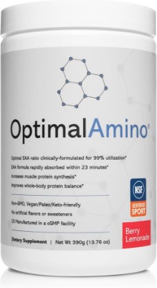 Picture of OptimalAmino Best Pre/Post Workout Recovery Drink, 99% Utilization Essential Amino Acid Supplement, NSF Certified for Sport® Certified | 99% Utilized EAAs, Muscle Recovery Support, Pre & Post Workout, BCAA Formula, Vegan & Keto, NSF Certified for Sport®