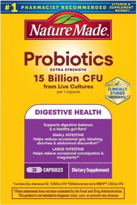 Picture of Nature Made Probiotics for Digestive Health, 30 Probiotic Capsules | Extra Strength, 15 Billion CFU from Live Cultures, Probiotics for Women and Men, No Refrigeration Required, 30 Day Supply