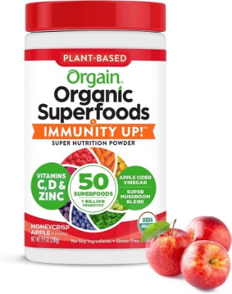 Picture of Orgain Greens + Superfoods Immunity Up Powder, Honeycrisp Apple, 0.62lb | Organic greens + 50 superfoods powder, probiotics, vitamin C, D, & zinc, apple cider vinegar, ashwagandha, for immune support USDA Organic