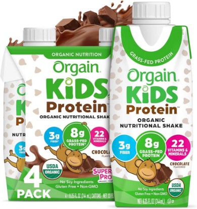 Picture of Orgain Organic Kids Dairy 8g Protein Shake, Chocolate, 8.25 oz, 4pk | Nutritional drink, grass-fed protein, 22 vitamins & minerals, 3g fiber, non-GMO, no soy, healthy snack for picky eaters USDA Organic