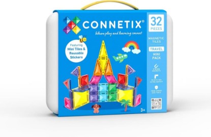 Picture of CONNETIX Magnetic Tiles Travel Mini Pack, 32 Pieces | Pack, play and create anywhere with mini magnetic tiles, reusable stickers and a build-ready travel tin. For ages 3+.
