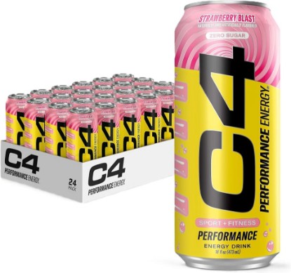 Picture of C4 Performance Energy Drink | Strawberry Blast | Zero Sugar Carbonated Preworkout Energy | 200mg Caffeine with Beta Alanine | 16 Fl Oz (24 Pack)
