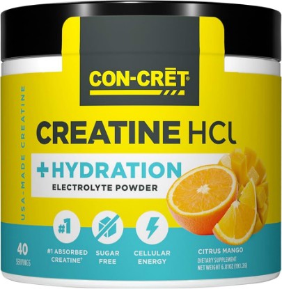 Picture of CON-CRET Creatine HCl with Electrolytes, Citrus Mango, 40 Count | 0g Sugar, Electrolyte Powder Drink Mix, Energy, Performance & Recovery Support, USA Made