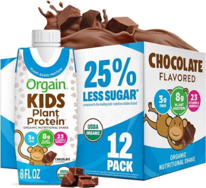 Picture of Orgain Organic Kids Nutritional Vegan Protein Shakes, Chocolate - Healthy Kids Snacks, 8g Plant Protein, 23 Vitamins & Minerals, 3g Fiber, No Dairy & Soy, Non-GMO, 8 Fl Oz, 12 Pack, Packaging May Vary USDA Organic