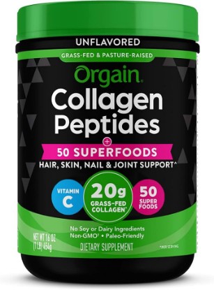 Picture of Orgain Hydrolyzed Collagen Powder + 50 Organic Superfoods for Women & Men, 20g Grass Fed Collagen with Vitamin C, Unflavored - Hair, Skin, Nail, & Joint Support Supplement, Non-GMO, Type I & III, 1lb | Grass fed collagen type I & III with organic superfoods for women & men with vitamin C, for hair, skin, nail, & joint support