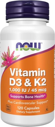 Picture of NOW Supplements, Vitamin D-3 & K-2, 1,000 IU/45 mcg,Plus Cardiovascular Support*, Supports Bone Health*, 120 veg Capsules