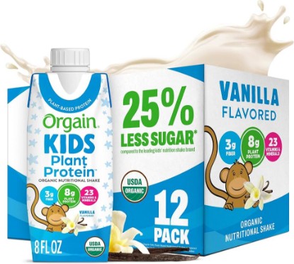 Picture of Orgain Organic Kids Nutritional Vegan Protein Shakes, Vanilla - Healthy Kids Snacks, 8g Plant Protein, 23 Vitamins & Minerals, 3g Fiber, No Dairy & Soy, Non-GMO, 8 Fl Oz, 12 Pack, Packaging May Vary USDA Organic