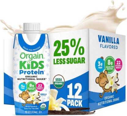 Picture of Orgain Organic Kids Nutritional Protein Shake, Vanilla, Healthy Kids Snacks, 8g Dairy Protein, 3g Fiber, 22 Vitamins & Minerals, No Soy ingredients, Gluten Free, Non-GMO, 8.25 Fl Oz (Pack of 12) | Nutritional drink, grass-fed protein, 22 vitamins & minerals, 3g fiber, non-GMO, no soy, healthy snack for picky eaters USDA Organic