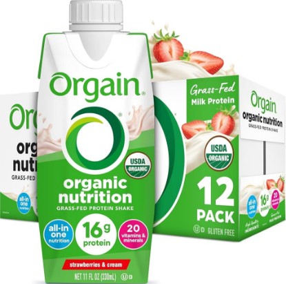 Picture of Orgain Organic Grass Fed Dairy 16g Protein Shake, Strawberry, 11oz, 12pk | Ready to drink grass-fed dairy protein, meal replacement, 20 vitamins & minerals, fruits & vegetables, non-GMO, gluten-free USDA Organic
