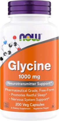 Picture of NOW Foods Glycine 1000mg, Free-Form Pharmaceutical Grade, Neurotransmitter Support*, Promotes restful Sleep*, Gluten Free, Vegan, Kosher 200 Vegetarian Capsules (Pack of 1)