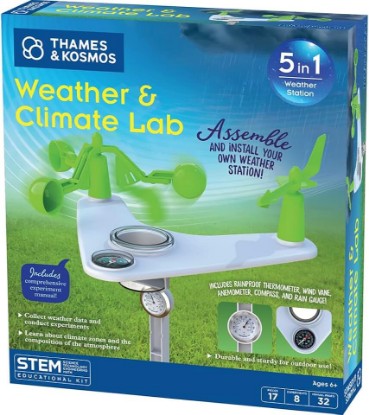 Picture of Thames & Kosmos Weather & Climate Lab STEM Experiment Kit, 5-in-1 Meteorology Station w/Wind Vane, Compass, Rain Gauge, Anemometer & Thermometer for Ages 6+, Includes Stake for Outdoor Use