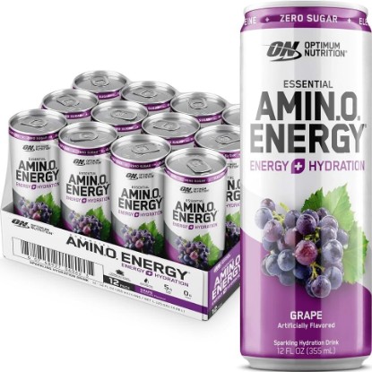 Picture of Optimum Nutrition Amino Energy Hydration Drink, Grape, 12 Ct | 12 Fl Oz On The Go Sparkling Hydration Drink with Electrolytes and BCAAs, Zero Sugar, 100mg Caffeine Per Serving, 12-Pack