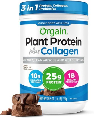 Picture of Orgain Organic 25g Protein + 10g Collagen Powder, Chocolate Fudge, 1.6lb | Plant based protein with collagen peptides type I & III, 1B CFU probiotics, supports hair, skin, nails, joints & gut health