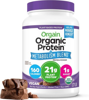 Picture of Orgain Organic 21g Vegan Protein + Metabolism Powder, Chocolate, 1.71lb | Plant based protein blend with chromium to promote healthy weight management, 4g prebiotic fiber, for shakes & smoothies USDA Organic