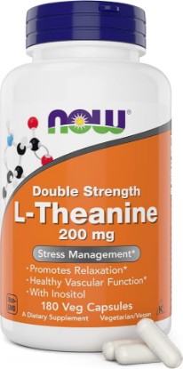 Picture of NOW Foods L-Theanine, Double Strength 200 mg Per Cap - 180 Veg Capsules - Enhanced with 100mg Inositol - Vegetarian, Non-GMO - Ltheanine 200mg Supplement