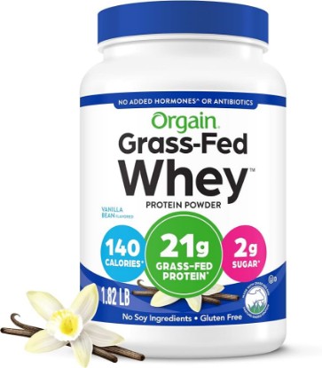 Picture of Orgain 21g Grass-Fed Whey Protein Powder, 5g BCAAs, Vanilla Bean, 1.82lb | Dairy protein, 5g BCAAs, 3g prebiotic fiber, no sugar added, no added hormones, gluten free, kosher, for shakes & smoothies