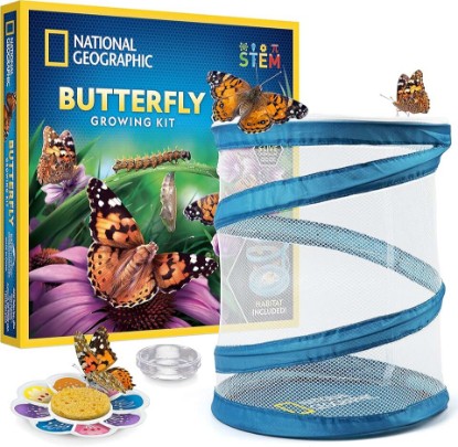 Picture of National Geographic Butterfly Growing Kit for Kids Nature Activity | Mesh Habitat, Voucher for 5 Live Caterpillars, Feeder Dish and Sponge, Metamorphosis Science, Outdoor Learning