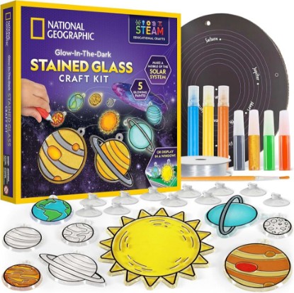 Picture of National Geographic Solar System Stained Glass Suncatcher Craft Kit | Glow-in-the-Dark Planets, Window Suncatchers, Hanging Mobile, Space Room Decor, Window Art, Creative Birthday Gift