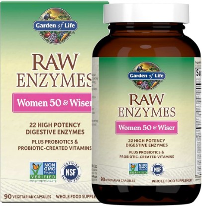 Picture of Garden of Life 22 Digestive Enzymes for Women 50 & Over with Bromelain, Papain & Lactase plus Probiotics & Vitamins B12, Biotin & Zinc – RAW Enzymes – Non-GMO, Gluten-Free, Vegetarian, 90 capsules | Digestive Enzymes for Women with Probiotics, Bromelain, Papain, Lactase, Vitamin B12, Biotin and Zinc, Non-GMO, Gluten Free