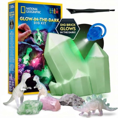 Picture of National Geographic Glow-in-the-Dark Rock and Dinosaur Dig Kit for Kids | 6 Glow-in-the-Dark Rocks and Dinosaurs, Glowing Dig Brick, Excavation Tools, Rock Collection, STEM Activity, Birthday Gift