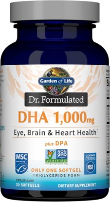 Picture of Garden of Life Dr. Formulated DHA 1,000mg Fish Oil - Lemon, Once Daily 1000mg DHA + DPA in Triglyceride Form, Single Source Omega 3 Supplement for Ultimate Eye, Brain & Heart Health, 30 Softgels | Wild Alaskan Cod Liver Oil, Omega-3 for Brain & Heart Support, Lemon Flavor
