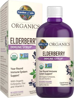 Picture of Garden of Life Organics Elderberry Immune Syrup, Vegan, 6.59 Fl oz | Adults & Kids 12+, Plant Based Immune Support with Echinacea, Zinc, Vitamin C, Herbal Medicine, Gluten Free USDA Organic