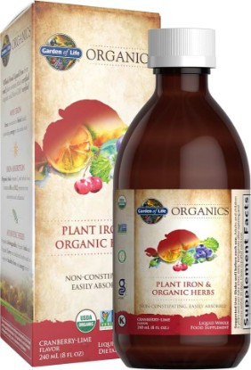 Picture of Garden of Life Organics Plant Iron & Organic Herbs, Cranberry-Lime, 8 Fl Oz | Liquid Iron Supplement with Vitamin B12, Sourced from Organic Curry Leaves, Vegan USDA Organic